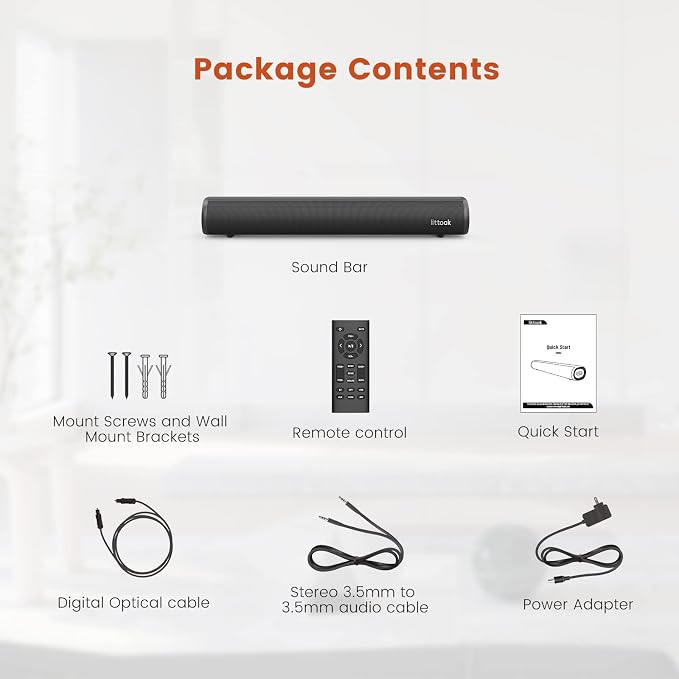 LITTOAK HDMI Sound Bar for Smart TV, Small TV Sound Bar Speakers, Optical/HDMI/Aux/Coax/USB/Bluetooth Connection for TV, PC, Projectors, Includes Remote Control, 16 inch