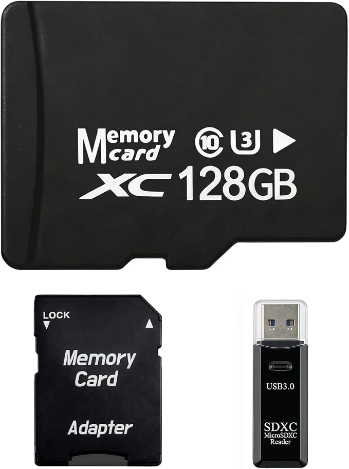 128GB Micro SD Card for Dash Cam, Security Camera, Retro Gaming, with USB-A 3.0 Reader & SD Adapter, U3 V30 A1 Class 10