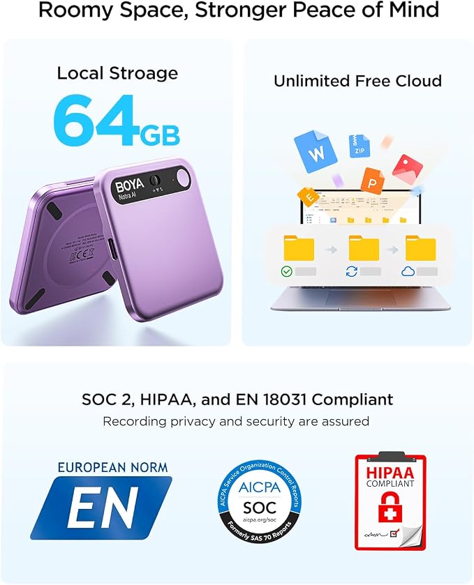 BOYA Notra AI Voice Recorder,Ambient/Phone Call/Bluetooth Capture, AI Transcription&Smart Summary, Support 140+ Languages, 64GB Storage, Magnetic Note Taker for Meetings,Lectures,Interviews(Purple)