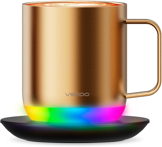 Vsitoo S6 Plus 12oz Smart Self Heating Coffee Mug, AI Auto-Sensing Heated Espresso Mug Temp Control 120-150℉, Rechargeable Mug Warmer with Music LED, IPX7 Gift for Women Men- Gold