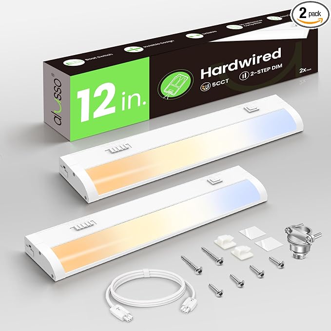ALUSSO 12 Inch LED Under Cabinet Lighting Hardwired 120V, 5CCT Color Selectable 2700K-5000K Dimmable 6W 480LM High Brightness, CRI 90+ Strip Linkable Under Counter Lights for Kitchen Sink, 2 Pack
