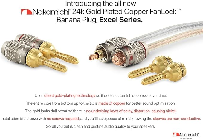 Nakamichi FanLock Excel Series 24k Gold Plated Banana Plugs 10 AWG - 18 AWG Gauge Size 4mm for Speakers Amplifier Hi-Fi Stereo Home Theatre Radio Audio Wire Cable Quick Connector, 16 Pcs (8-Pairs)