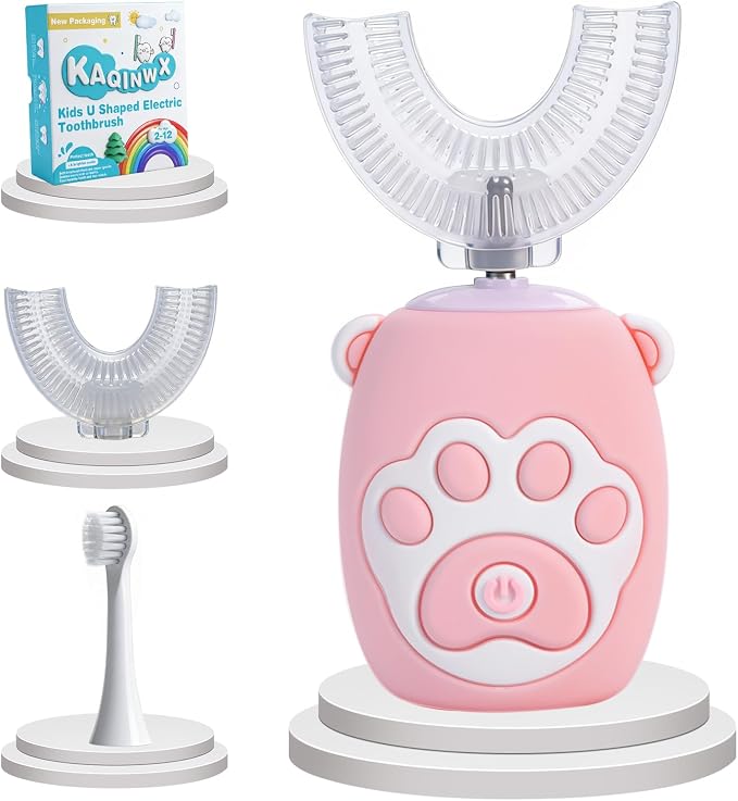 Kids U Shaped Electric Toothbrush for Age 2-12, Rechargeable Toddler Toothbrush with Smart Timer & 3 Clean Modes, Cat's Claw Design, IPX7 Waterproof, 3 Brush Heads & 360°Cleaning