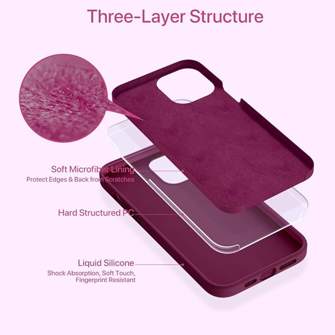 Miracase Designed for iPhone 13 Pro Max Case with Screen Protector,[Soft Anti-Scratch Microfiber Lining],Shockproof Liquid Silicone Rubber Phone Case Cover 6.7 inch, Wine Red