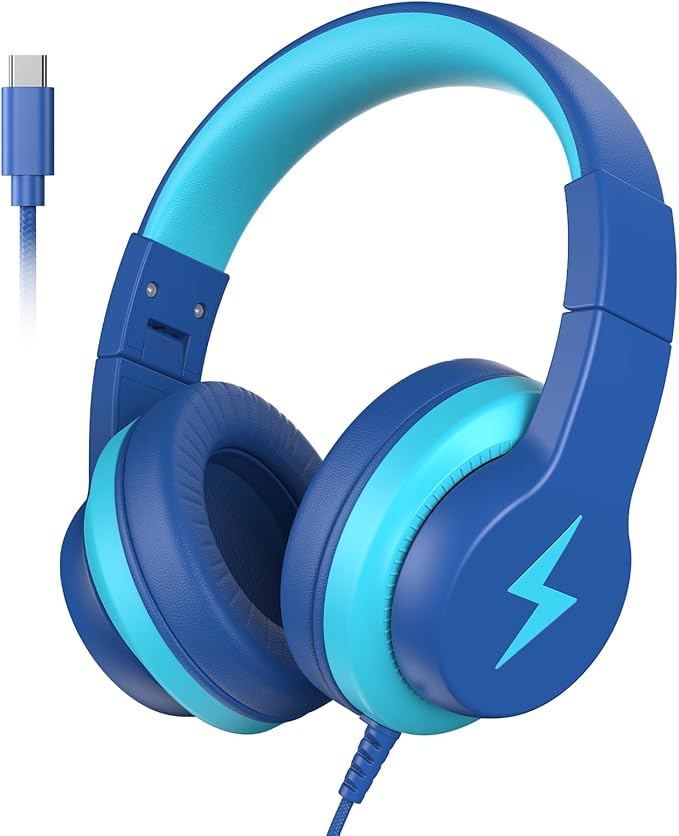 Candy Bila Wired Kids Headphones, USB Type C Headphones for Kids, 85dB Safe Volume, HD Stereo Sound,Comfortable Fit, Adjustable &Foldable, Ideal for Boys, Girls, School, Travel, iPad, Tablet,Bule