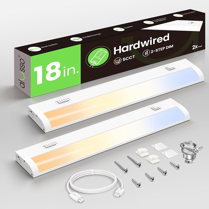 ALUSSO 18 Inch LED Under Cabinet Lighting Hardwired 120V, 5CCT Color Selectable 2700K-5000K Dimmable 10W 800LM High Brightness, CRI 90+ Strip Linkable Under Counter Lights for Kitchen Sink, 2 Pack