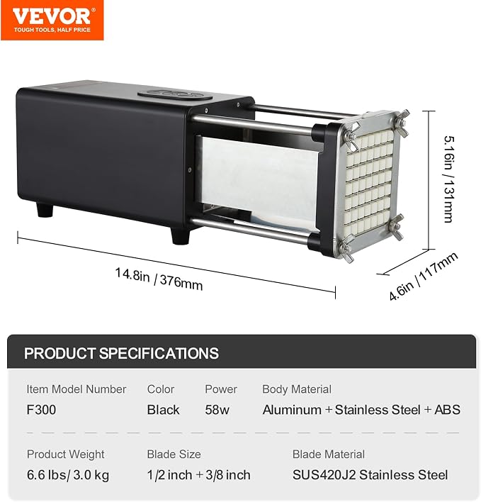 VEVOR Electric French Fry Cutter, Potato Slicer with 1/2-Inch and 3/8-Inch Stainless Steel Blades, Potato Cutter Chopper w/Anti-slip Feet, Great for Potato, French Fries, Cucumber, Vegetables, Carrot