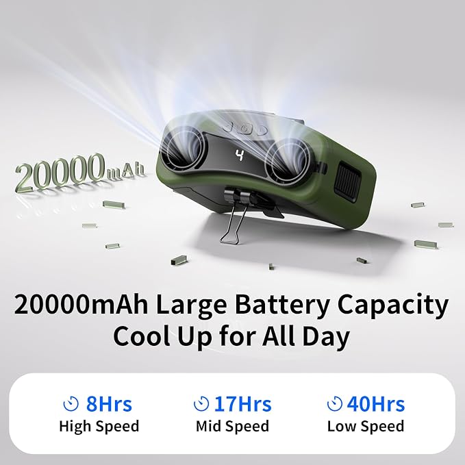 Socool 20000mAh Portable Waist Fan Clip on Wearable Belt Personal Fan Rechargeable, 40H Cooling Battery Operated with 10 Speeds & Dual Air Outlets, Neck Fans Hanging for Outdoor Jobsite Camping