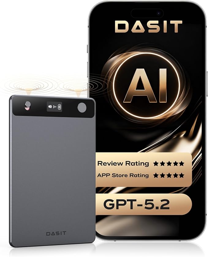 Dasit Note Pro AI Voice Recorder, Transcribe & Summarize with AI, App Control, Note Taker for Meetings & Calls, Supports 112 Languages, Ultra-Slim w/OLED Display, Case Included, Grey