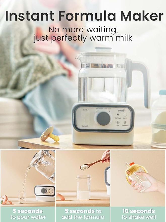 GROWNSY Baby Instant Warmer, Glass Water Boiler with Accurate Temperature Control for Formula, Coffee and Tea, 1.2 Liter Electric Kettle with LCD Display and Timer