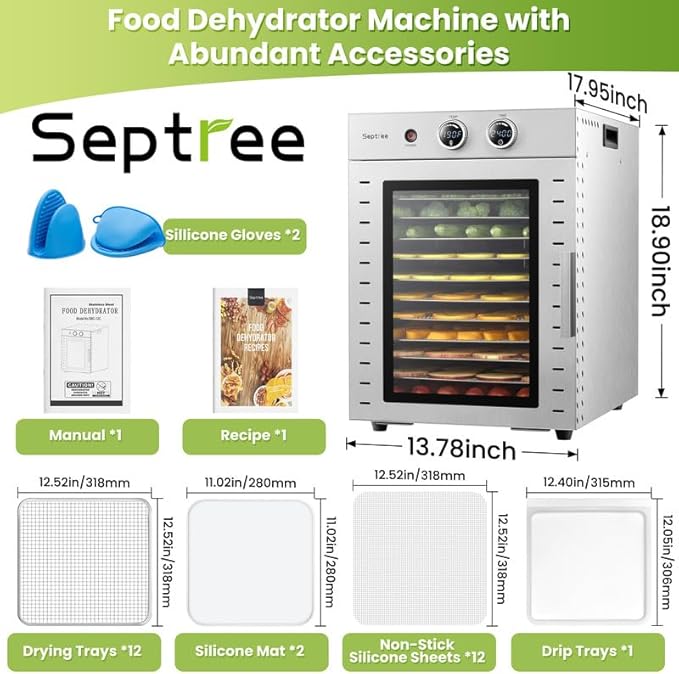 Food Dehydrators Machine with 12 Stainless Steel Trays with Timer Setting Temperature Adjusted 68 ℉ to 194 ℉ Dryer for Herb Fruit Meat Vegetables Mushroom Beef for Commercial Household Pitch Black