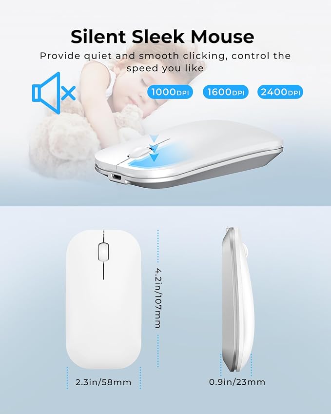 seenda Wireless Bluetooth Keyboard and Mouse Combo, SKM64-3 Rechargeable Slim Quiet Keyboard Mouse, 3 Multi-Device Connection, Compatible for Windows 11/10 PC Laptop Mac MacBook iPad, White Silver