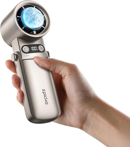 EPICKA Portable Handheld Fan with Ice Cooler - 25H Runtime, Rechargeable 6800mAh Personal Turbo Fan with Power Bank, Fast Charging, 0-100 Speed, Gifts for Women, Summer Travel Essentials, Gold