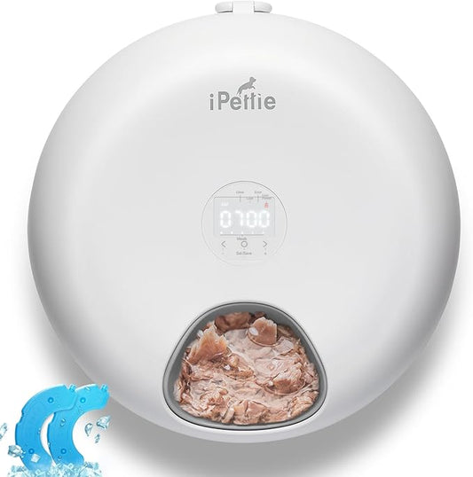 iPettie Donut Frost 6 Meal Cordless Automatic Pet Feeder, Dry & Wet Food Automatic Cat Feeder with Two Ice Packs, Rechargeable Massive Battery, Programmable Timer, Classic White