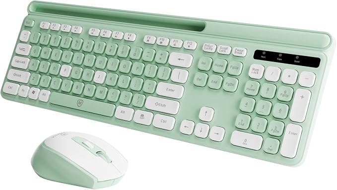 Green Wireless Keyboard and Mouse Combo, 2.4G Ergonomic Wireless Computer Keyboard with Phone Tablet Holder, Silent Mouse with 6 Buttons, Compatible with MacBook, Windows(KM-239W-GNWH)