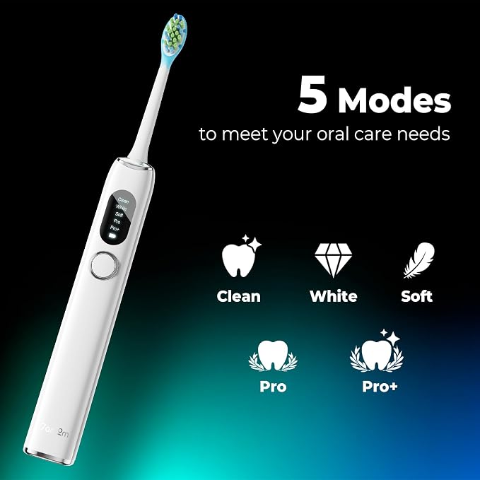 7AM2M Sonic Electric Toothbrush for Adults&Teens with LED Screen, 5 Modes, One Charge for 365 Days, 2 Minute Timer, with 8 Brush Heads and Travel Case (White)