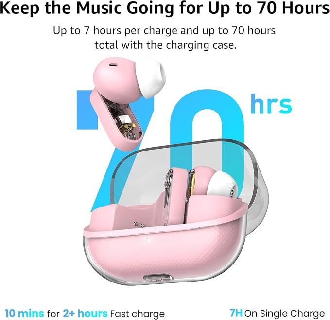 TOZO Crystal Pods Hybrid Active Noise Cancelling Wireless Earbuds, 10mm Drivers Deep Bass, 4 Mics Smart ENC AI Calls, Real-Time AI Translation, 32 EQ via App, Bluetooth 5.4, Crystal Design