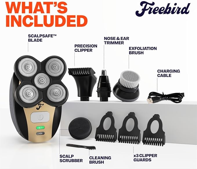 Freebird Electric Head & Body Hair Shaver - Mens Cordless Waterproof Razor with Rotary Blades (FlexSeries, Shaver Kit + Travel Case)