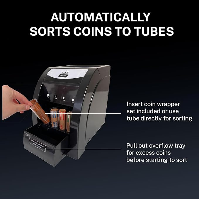 Automatic Coin Sorter, 1 Row with Quick-Access Lid, Patented Anti-Jam Technology, and Coin Wrapper Starter Pack Included (CSD-1000)