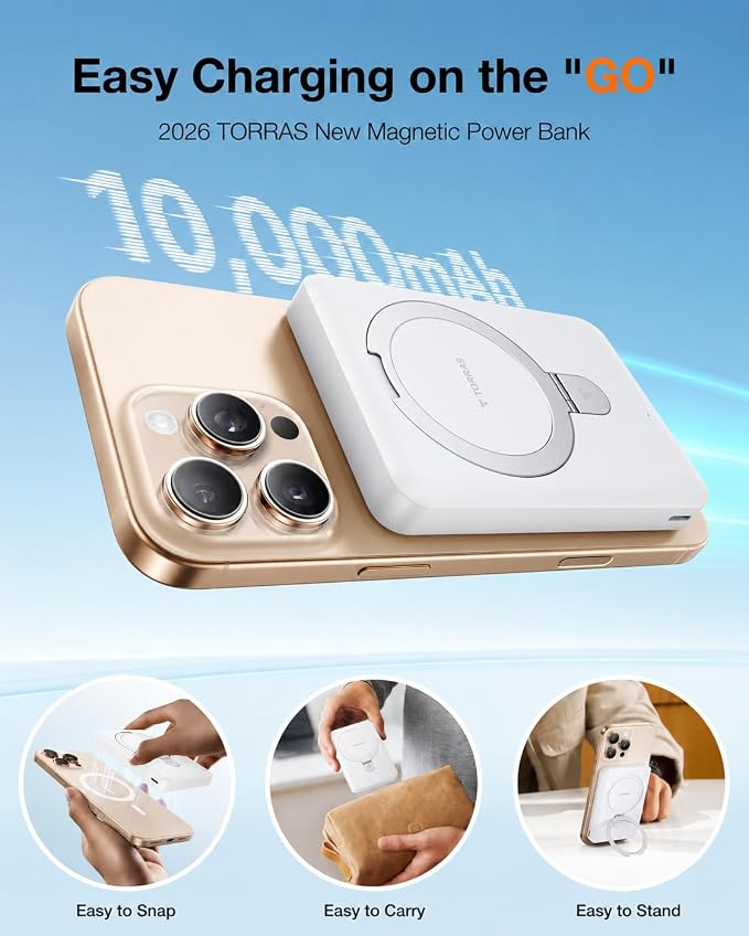 TORRAS EasyGo 10000mAh Magnetic Portable Charger Power Bank for iPhone, Fast Charging Travel Essential Wireless Battery Pack with Stand Compatible with Magsafe, 17 Pro Max,Pro,16,15,14,13,12, Whilte