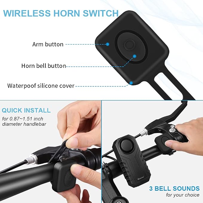 WSDCAM Bike Alarm Horn with Remote Loud 113dB, Waterproof Wireless Antitheft Vibration Bicycle Alarm with Bike Horn for Adults Mountain Bike Road Bicycle Scooter