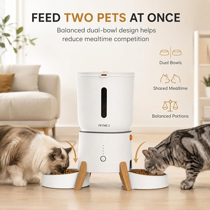 Automatic Cat Feeder 2-in-1 Dual Cat Food Dispenser, Cat Feeder Automatic & Timed Automatic Pet Feeder, Smart App Control with Voice Recording, 5L Large Capacity, for 2 Cats & Small Dogs