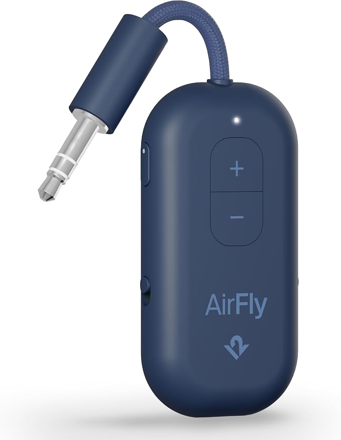 Twelve South AirFly Pro 2 Bluetooth 5.0 Transmitter/Receiver for TV to 2 Wireless Headphones – Wireless Adapter for AirPods, Car, Gym, Home, Use with Any 3.5 mm Audio Jack, Blue