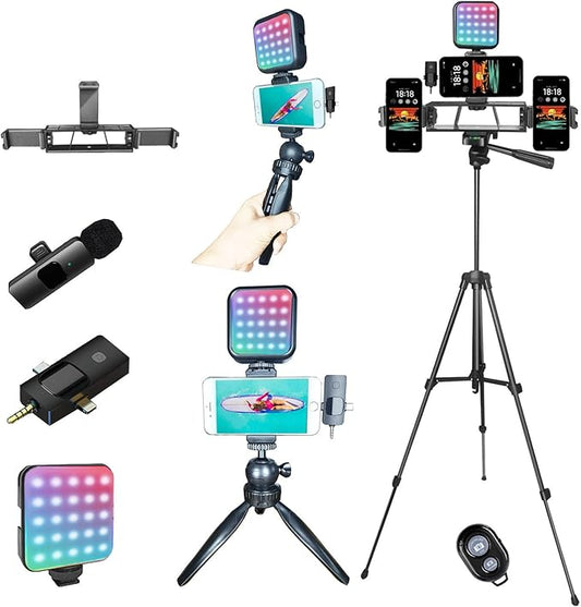 Vlogging Kit for iPhone,Vlogging Kit for Andriod Phone, Content Creator Essentials,YouTube Starter Kit with Tripod 60" / Multiple Holders/RGB Light/Lavalier Mic/Remote