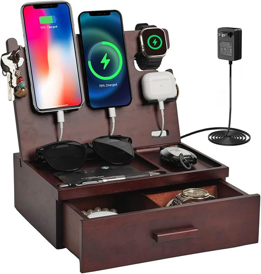 Nightstand Organizer with Drawer Built in 4 USB Charger, Wood Phone Docking Station with Dual Phone Charging Station for Apple Android Phones Anniversary Birthday Gifts for Men Dad Hunsband Mom