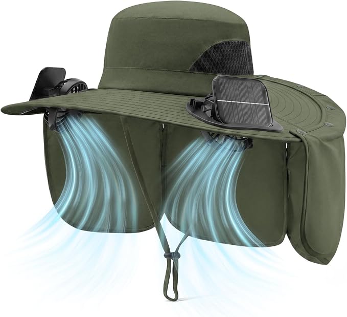 2 in 1 Wide Brim Sun Hat with 2 Solar Fans Sunshade UPF 50+ Garden Outdoor Fishing Beach Essential