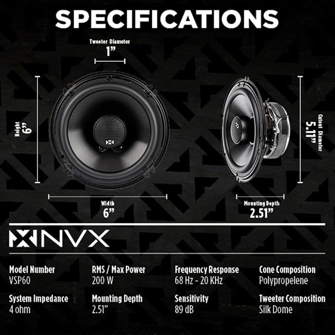 NVX® VSP60 6" Premium Car Speakers, 600W Max, 200W RMS, 2-Way 6 inch Coaxial w/ 1" Silk Dome Tweeters & Built-in X-Overs, Easy to Install in Cars/Trucks/Doors (Pair)
