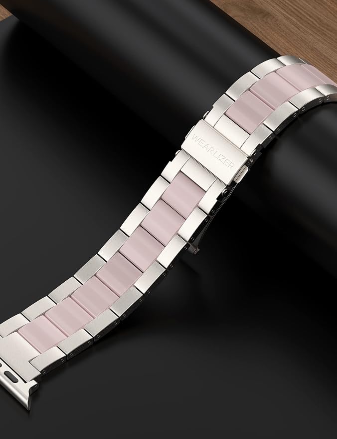 Wearlizer Compatible with Apple Watch Band 38/40/41/42mm Fashion Wristbands Womens, Stainless Steel + Resin Metal Replacement for iWatch Series 11 10 9 8 7 6 5 4 3 SE/Ultra 3 2 1-Starlight+Pink