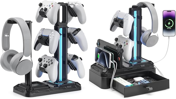 KDD RGB Multi-Controller Holder with 9 Light Modes & Headphone Stand with Charger Port and Multifunctional Storage