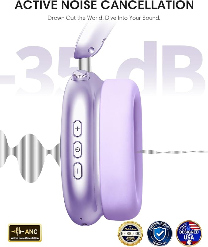 Wentronic Y02 Active Noise Cancelling Headphones, Wireless Over-Ear Bluetooth 5.4 Headphones with Microphone, 60H Playtime, Hi-Res Audio, Big Bass, Foldable Lightweight for Travel Home Office, Purple