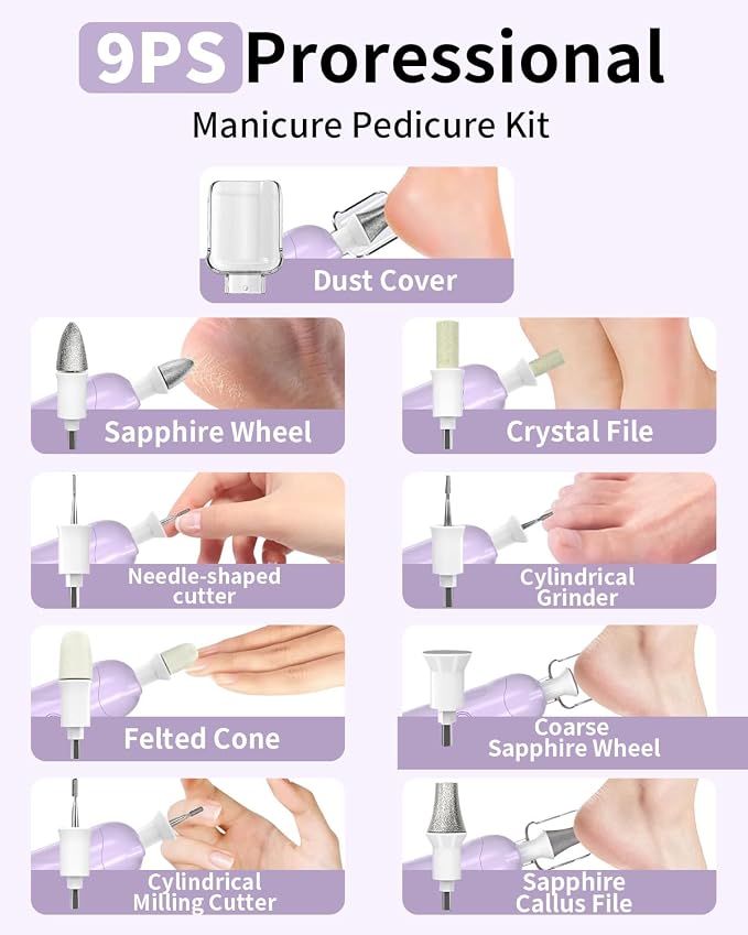 Cordless Electric Nail File Set, Rechargeable Pedicure Tools for feet, Professional Manicure Pedicure Kit 5 Speeds Hand Foot Care Nail Drill for Thick Nail Toenail Cuticle Women Men Pets, Oil-Purple