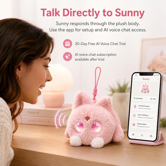 AI Plush Bag Charm, Interactive Voice Chat Companion Stuffed Animals with App-Connected, Expressive LED Eyes, Touch-Reactive Stuffed Toy, Cute Plush Keychain Gift for Teens and Plush Lovers