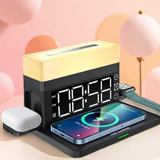 AYI Multifunctional Wireless Charging Station with Alarm Clock, 15W Fast Charger for Phones Watches Earbuds Qi-Certified, Stand with 7 RGB Night Light Modes - N65 Black.