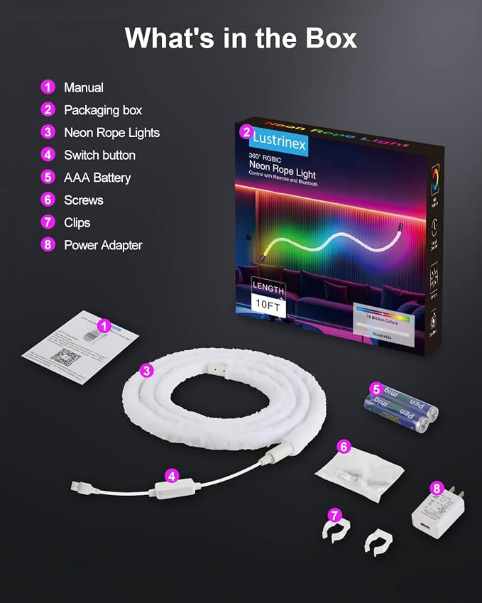 LED Neon Rope Lights, 10ft RGBIC 360° Luminous 5v USB Bluetooth APP Control Music Sync IR Remote Color Changing Smart LED Strip Lights for Bedroom Gaming Party Decor