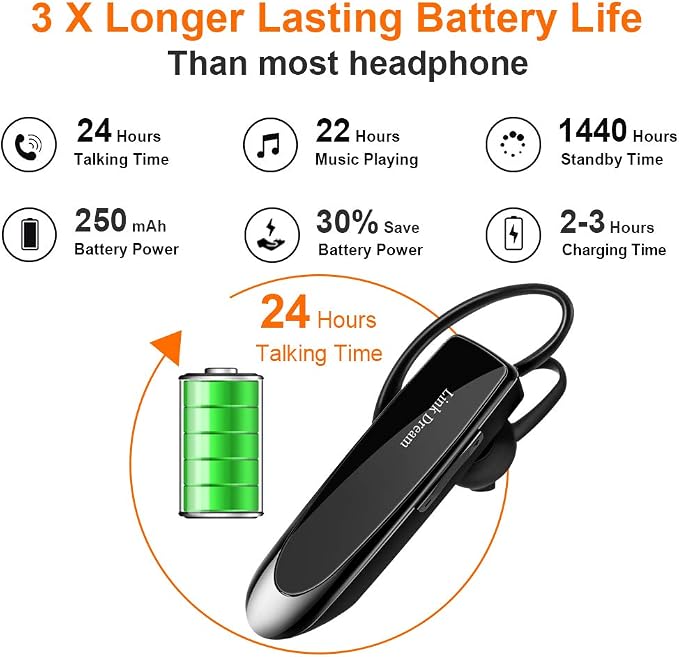 Link Dream Bluetooth Earpiece for Cell Phone Hands Free Wireless Headset Noise Cancelling Mic 24Hrs Talking 1440Hrs Standby Compatible with iPhone Samsung Android for Driver Trucker (2 Pack)