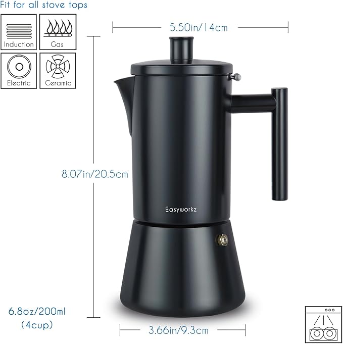 Easyworkz Diego Stovetop Espresso Maker Stainless Steel Italian Coffee Machine Maker 4Cup 6.8 oz Induction Moka Pot, Matte Black