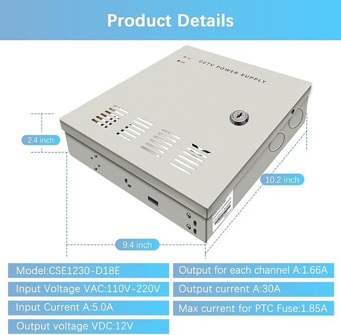 18-Channel DC 12-Volt 20-Amp Output CCTV Distributed Power Supply Box/Converter with AC Plug and Lock(20A 18-Channel)
