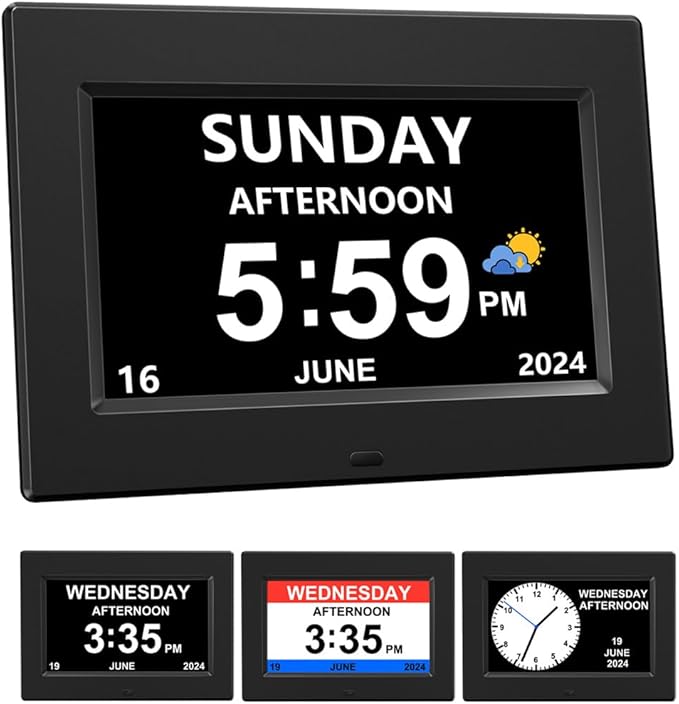 AINFTIME DST Digital Clock with Date and Day of Week for Elderly-12 Alarms Medication Reminder Dementia Alzheimers Clock Calendar with Extra Large Display (7 inch Black)