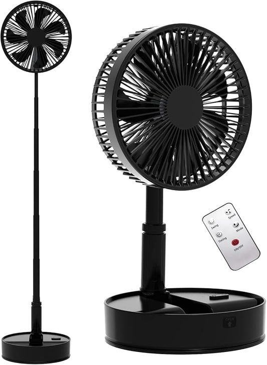 UN UNITEDTIME Foldable Fan Foldaway with Remote Control, 7200mAh Rechargeable Battery Powered Pedestal Fan for Camping, 4 Speed, Timer, Portable Table for Travel, Outdoor, Home (Black)