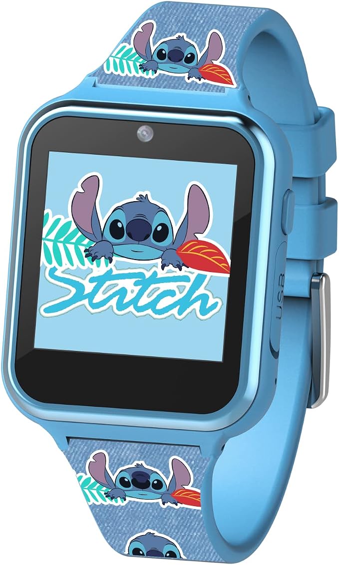 Disney Stitch Kids Smart Watch with 10 Customizable Faces, Camera, Voice Recorder, Calculator, and Step Counter – Touchscreen Interactive Watch for Kids – Blue Silicone Strap