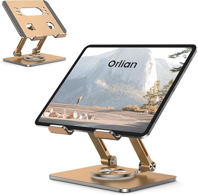 Orlian Tablet Stand Holder with Thickened 360°Rotating Base Dual Rod Adjustable Aluminum Stand for All 5.8-12.9” iPad Samsung Phone Tablet Kindle E-Reader and More, Champagne Gold