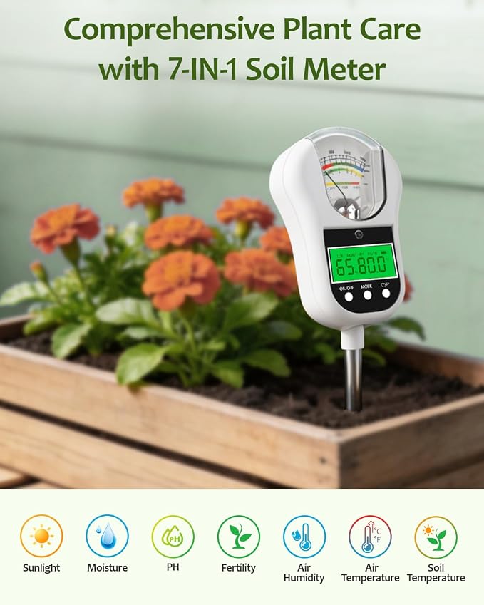 7-in-1 Soil Test Kit, Soil Moisture Meter/pH Meter/Light Intensity/Fertility/Air & Soil Hygrometer Temperature with Large Dual Display for Garden,Lawn, Farm, Indoor Outdoor Plants-Warm White