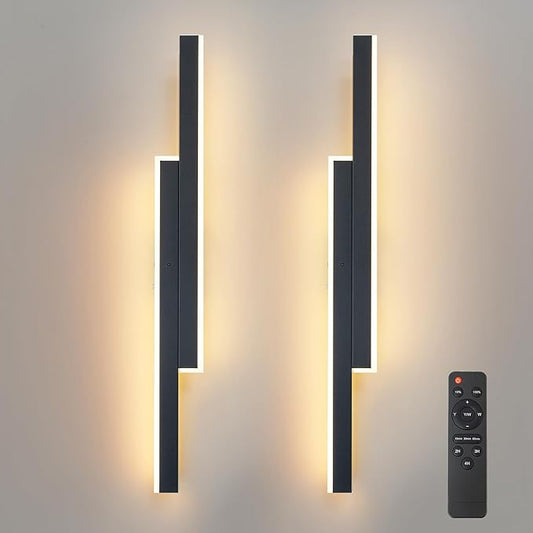 23.6Inch Battery Operated Wall Sconces Set of Two, 10000mAh Black Modern Rechargeable Wireless Wall Lights with Remote Control/3 Color/Timer, LED Wall Lamps for Living Room Bedroom Hallway(2 Pack)