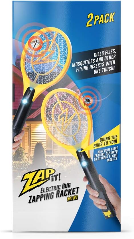 ZAP iT! Electric Fly Swatter Racket & Mosquito Zapper with Blue Light Attractant - High Duty 4,000 Volt Electric Bug Zapper Racket - Fly Killer USB Rechargeable Fly Zapper Indoor Safe - 2 Pack, Yellow