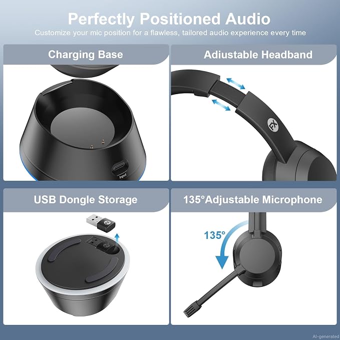 Wireless Headset, Bluetooth Headphones with Mic(AI Noise Cancelling), 65 Hrs Working Time with USB Dongle, Wireless Headset with Mic for Work from Home/Computer/Laptop/PC/Android