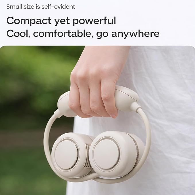 Portable Cooling Neck Fan, Hands Free Wearable Bladeless Fan with 1200mAhx2 Battery, 3 Speeds Quiet Operation, Foldable Hanging Neck Fan for Travel, Office, Outdoor - Beige